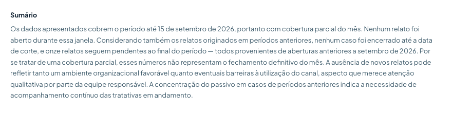 Trecho do sumário de um relatório operacional gerado pela IA no painel de gestão.